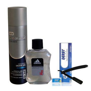 SHAVING KIT (CLEARASIL SHAVE GEL+ADIDAS FAIRPLAY AFTERSHAVE+DERBY EXTRA DOUBLE EDGED RAZOR BLADES+CUTTHROAT)