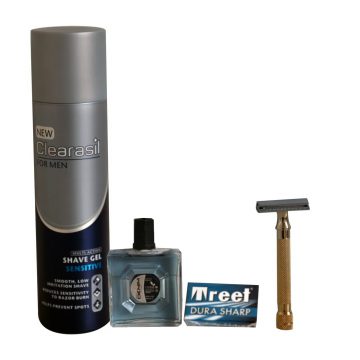 SHAVING KIT(clearasil shave gel+denim aftershave+treet razor blades+gold safety razor)